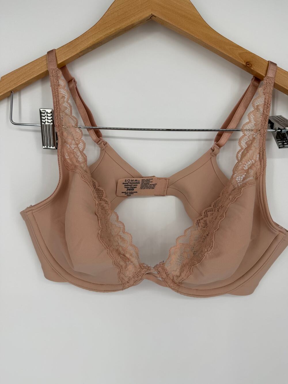 SOMA Essentials Unlined Lace Trim Plunge Bra SZ 36B 0523 Flesh Pink EUC